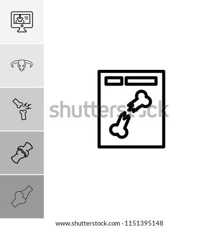 Skeleton icon. collection of 6 skeleton outline icons such as bone, x ray, x-ray on display, broken leg or arm. editable skeleton icons for web and mobile.