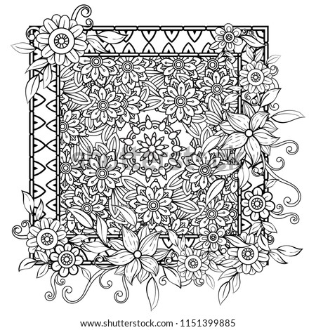Adult coloring page with flowers pattern. Black and white doodle wreath. Floral mandala. Bouquet line art vector illustration isolated on white background.