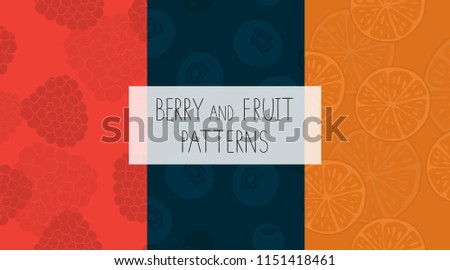 Vector set of colorful seamless patterns with raspberry,orange,blueberry pulp. Bright repeat backdrops for natural organic food design