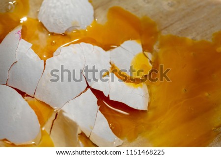 side view of a broken egg on the kitchen floor with wood texture, close up with diagonal lines from the wood