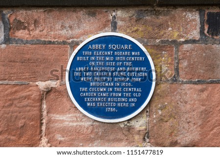 A plaque in Abbey Square, detailing its history - located in the cIty of Chester, UK. 