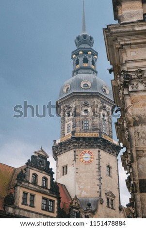 The tower of Gaussman in Dresden in Germany against the background of the setting sun in the evening.