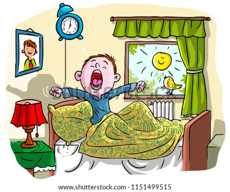 Vector illustration, kid waking up in the morning, cartoon concept.