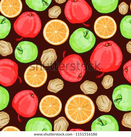 Seamless pattern of fruits, apples, nuts and oranges.