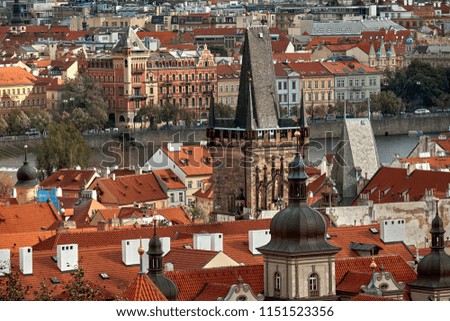 Aerial view of the traditional red roofs of the city of Prague, Czech Republic.