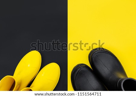 Top view of trendy men's and women's rubber boots on contrasting backgrounds. Concept of autumn and love. Copy space.