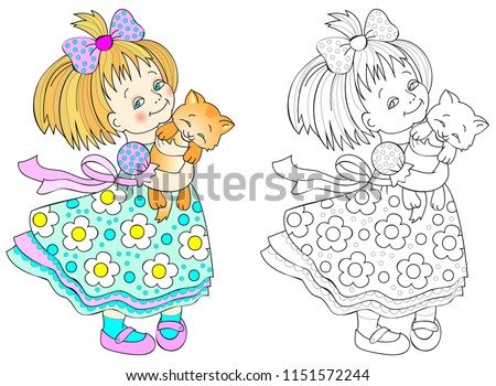 Colorful and black and white pattern for coloring. Drawing of cute little girl holding a kitten. Worksheet for children and adults. Vector image.