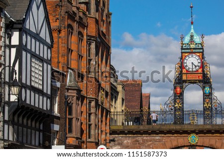A view of the elegant Eastgate Clock in the historic city of Chester in Cheshire, UK.  Royalty-Free Stock Photo #1151587373