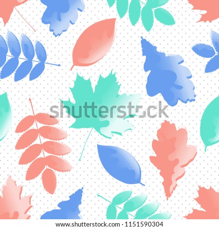 Vector abstract seamless pattern with red, blue and green textured silhouette of maple, oak, rowan and chokeberry leaves on the white background with little circles.