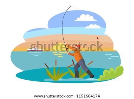 Fishing fisherman with rod vector illustration. Standing fisher casting fish-rod, man in sportswear, among bulrush, isolated on landscape sport theme