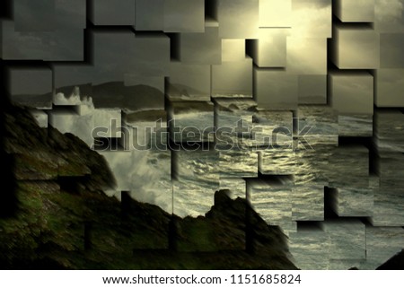 tribute to Picasso, cubist photograph of the temporary sea and sunset in Cabo de A Frouxeira, A Coruña, Galicia, Spain, series of photographs with cubist effects,artistic photography, contemporary art Royalty-Free Stock Photo #1151685824