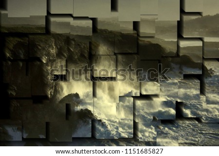 tribute to Picasso, cubist photograph of the temporary sea and sunset in Cabo de A Frouxeira, A Coruña, Galicia, Spain, series of photographs with cubist effects,artistic photography, contemporary art Royalty-Free Stock Photo #1151685827