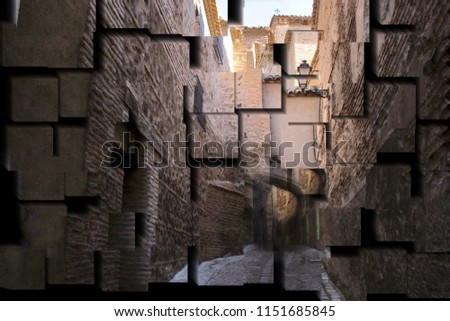 tribute to Picasso, cubist photograph of the crossing of Santa Isabel, of Toledo,old town of Toledo, Spain, series of photographs with cubist effects,artistic photography, contemporary art, Royalty-Free Stock Photo #1151685845