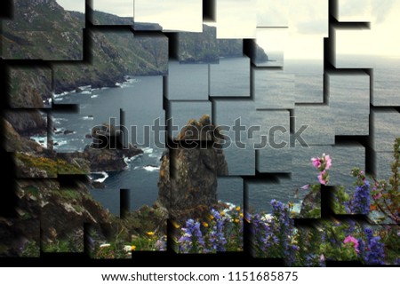 tribute to Picasso, cubist photograph of the cliffs of Cape Ortegal, Cariño, A Coruña, Galicia, Spain, series of photographs with cubist effects,artistic photography, contemporary art, Royalty-Free Stock Photo #1151685875