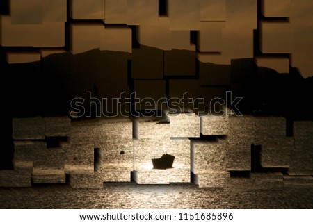 tribute to Picasso, cubist photograph of the sunset in Ibiza with boat, Spain, series of photographs with cubist effects,artistic photography, contemporary art, Royalty-Free Stock Photo #1151685896