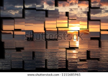 tribute to Picasso, cubist photograph of the sunset in Ibiza, Spain, series of photographs with cubist effects,artistic photography, contemporary art, Royalty-Free Stock Photo #1151685965