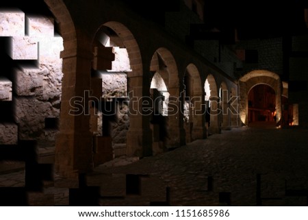 tribute to Picasso, cubist photograph of the Night photography of street with arches in the old part of Ibiza, Spain, series of photographs with cubist effects,artistic photography, contemporary art,