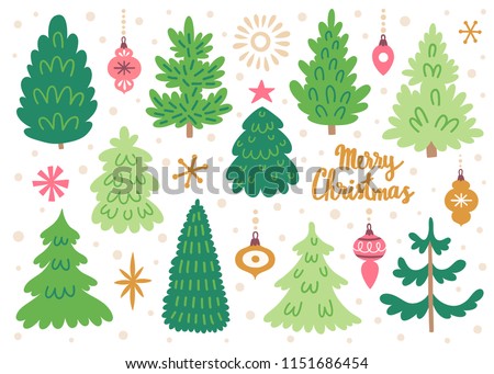 Vector set of christmas trees. Hand drawing winter background with fir tree, Christmas ornaments, stars and snowflakes. Holiday poster with Christmas symbols. Isolated on white.