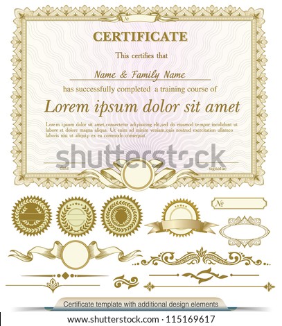 Gold horizontal certificate template with additional design elements Royalty-Free Stock Photo #115169617
