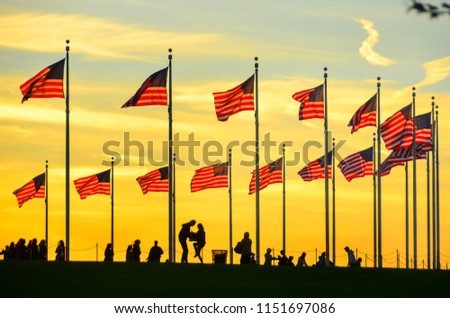 Washington DC, United States - Washington Monument and silhouettes at sunset