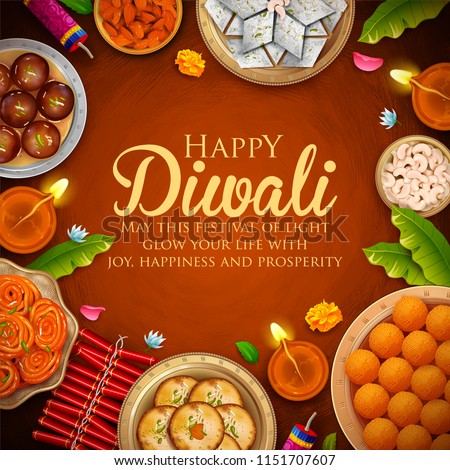 illustration of burning diya with assorted sweet and snack on Happy Diwali Holiday background for light festival of India Royalty-Free Stock Photo #1151707607