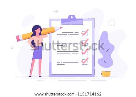 Positive business woman with a giant pencil on his shoulder nearby marked checklist on a clipboard paper. Successful completion of business tasks. Flat vector illustration. Royalty-Free Stock Photo #1151714162