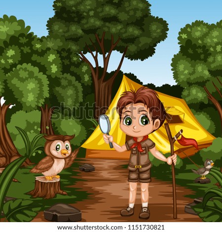 Young Cute Boy Scout Cartoon Character with a Wood Stick and Magnifying Glass and a Wise Owl Standing on The Log in the Forest. Boy and Owl Standing on a Forest Path Near a Yellow Tent