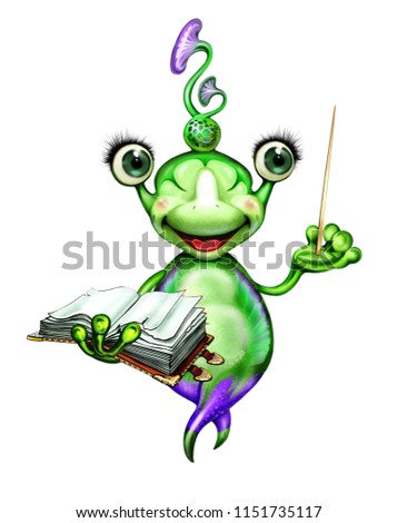 green cute aliens, teacher with book and pointer, character isolated on white background