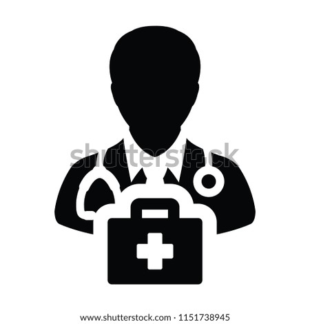 Medical icon vector male doctor person profile avatar with Stethoscope and first aid kit bag for Consultation in Glyph Pictogram illustration