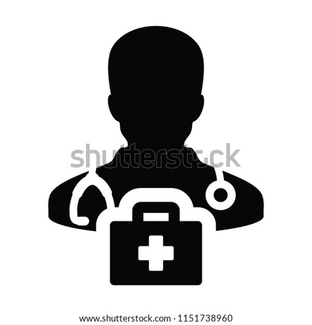First aid icon vector male doctor person profile avatar with Stethoscope and first aid kit bag for Medical Consultation in Glyph Pictogram illustration