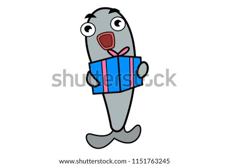 Vector cartoon illustration of fish with gift box . Isolated on white background.