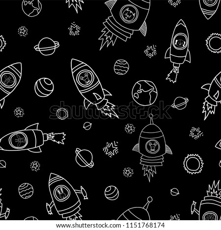 Animals in space seamless vector background. Rocket ships. Astronaut mouse, cat, giraffe, dog, and lion in rocket ships white on black. Space themed monochrome kids pattern. Great for children, babys.