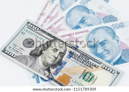 Close-up Turkish One Hundred Lira and US One Hundred Dollars banknote. 