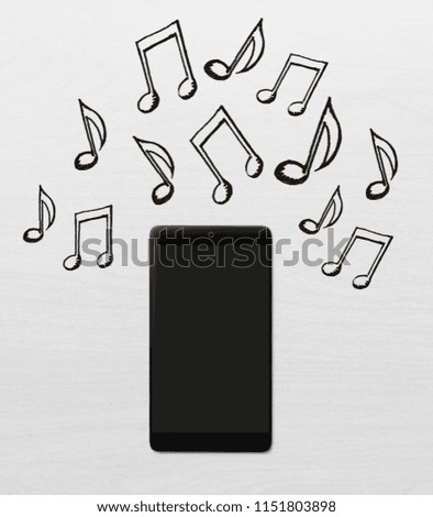Empty smartphone with notes on concrete background. Music and device concept. Mock up 