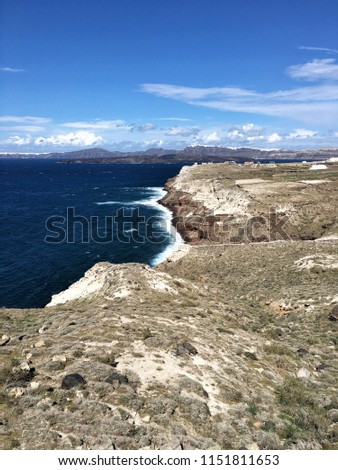 View from another side of Santorini island. Faros Akrotiriou-Oias (Thiras Thesi Kalnteras) Thira, Kikladhes. Near Akrotiri lighthouse.