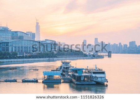 Empty The Yangtze River port  and modern city skyline panorama in Wuhan China
