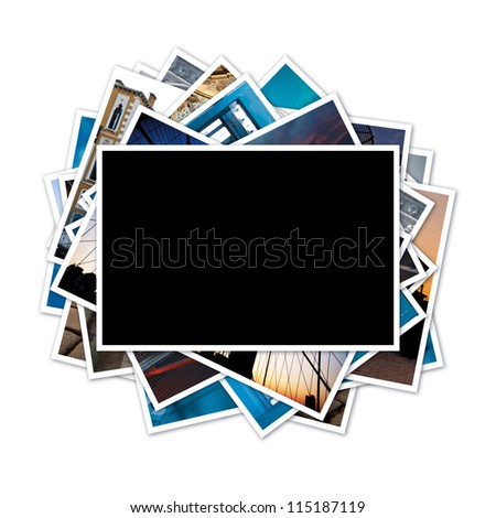 Collection of photos with blank frame in the middle on white background. Clipping path included.