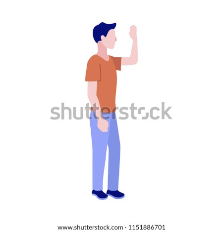 Cheerful young man in blue waving hand standing. Smiling male character with social communication symbol and greeting gesture. Vector isolated illustration
