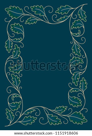 Vintage rectangular frame with stylized  twigs and swirls. Template for design and decoration. Gold floral frame on blue background.
