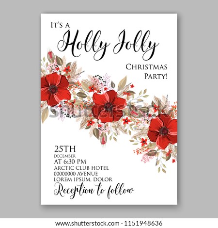 Merry Christmas Invitation vector template cheerful Winter floral wreath background of velvet red anemone poppy peony fir needle pine greenery privet berry wording text