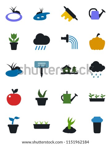 Color and black flat icon set - flower in pot vector, seedling, watering can, sproute, rain, plant label, pumpkin, pond, house with tree, rolling pin, apple fruit, water filter