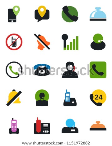 Color and black flat icon set - no mobile vector, reception bell, office phone, 24 hours, support, tracking, radio, call, mute, cellular signal