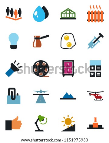 Color and black flat icon set - runway vector, helicopter, calculator, team, bulb, water drop, greenhouse, syringe, reel, finger up, torch, brightness, paper clip, desk lamp, archive box, mountains