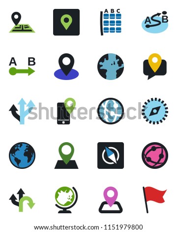Color and black flat icon set - globe vector, seat map, route, navigation, earth, pin, mobile tracking, network, place tag, compass, flag