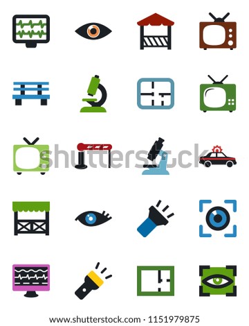 Color and black flat icon set - barrier vector, tv, alarm car, bench, monitor pulse, microscope, eye, torch, plan, alcove, scan