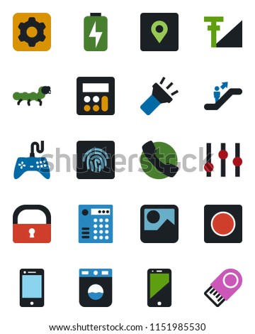Color and black flat icon set - escalator vector, caterpillar, gamepad, settings, cell phone, call, gallery, calculator, record, torch, place tag, lock, fingerprint id, cellular signal, charge