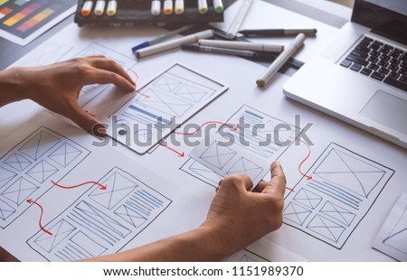 ux Graphic designer creative  sketch planning application process development prototype wireframe for web mobile phone . User experience concept. Royalty-Free Stock Photo #1151989370