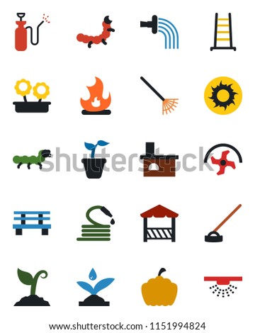Color and black flat icon set - ripper vector, rake, ladder, seedling, watering, sproute, fire, sun, hose, hoe, bench, pumpkin, fireplace, caterpillar, garden sprayer, flower in pot, alcove