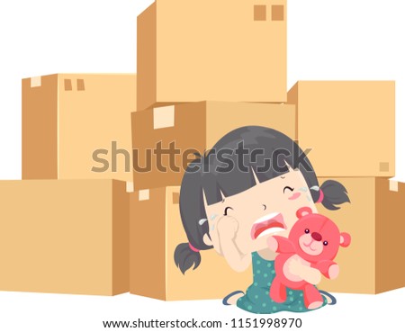 Illustration of a Kid Girl Crying with Moving House Cardboard Boxes Behind Her