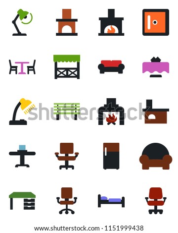 Color and black flat icon set - cafe vector, bed, checkroom, desk, bench, fireplace, office chair, lamp, cushioned furniture, restaurant table, alcove, fridge